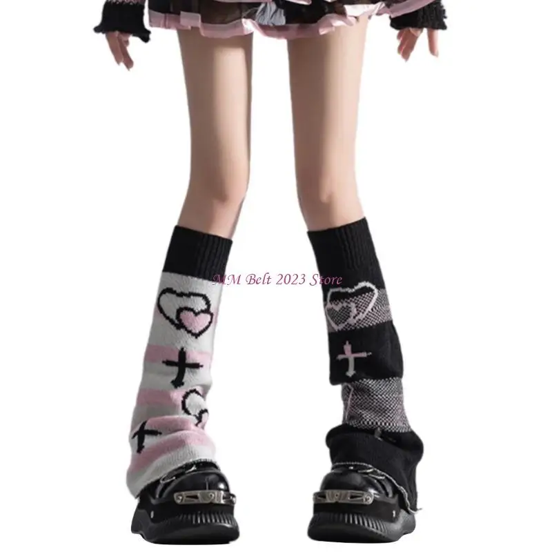 

49ME Reversible Knitted Leg Warmers with Butterfly Bows Pattern for Girl's Aesthetic Grunge Flared Boot Covers Footless Socks
