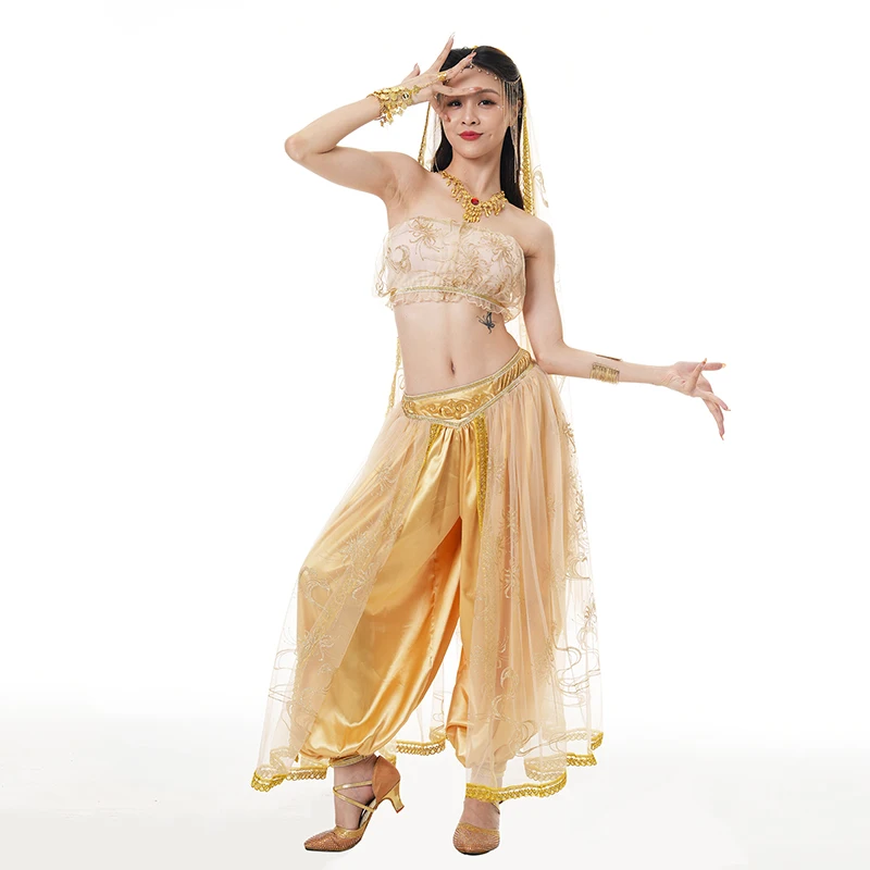 Bollywood Set Dance Kostüm Frauen Indische Prinzessin Phantasie Outfits Party Cosplay Festival Durchführen Top Hosen Sari Bauchtanz