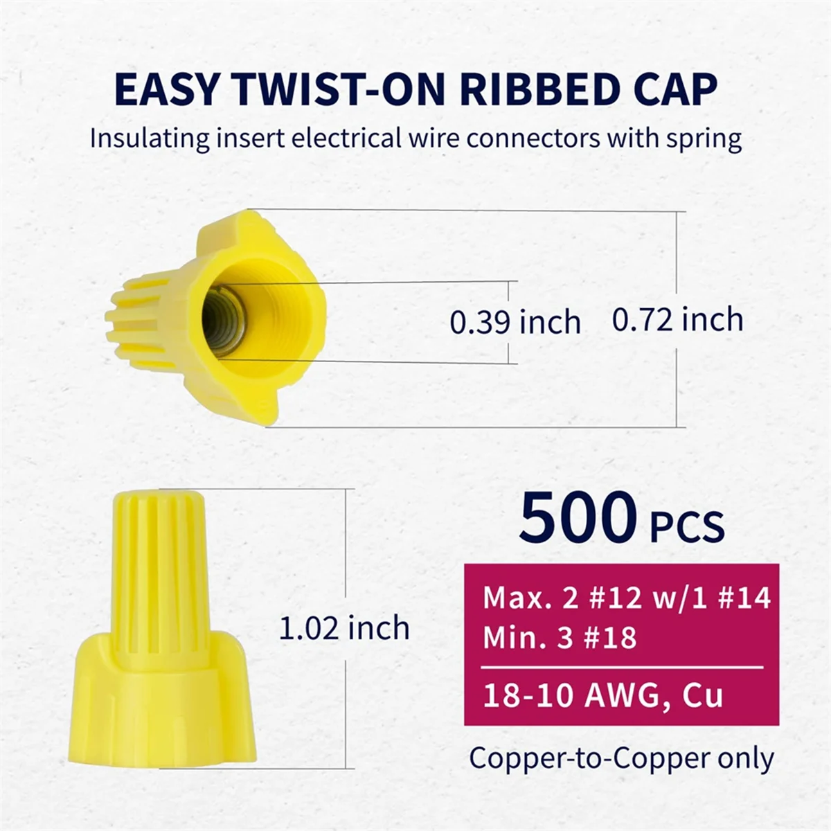 AA98 500 PCS Yellow Winged Wire Connectors, AWG 18-10, Easy Twist-on Screw on Ribbed Cap for Quick Connection