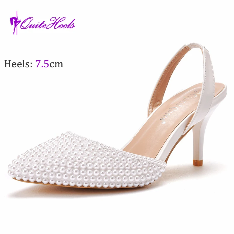 

Летние крутые белые тонкие свадебные туфли из искусственной кожи 7 см с сексуальными туфлями для свадебной вечеринки, украшенные жемчугом