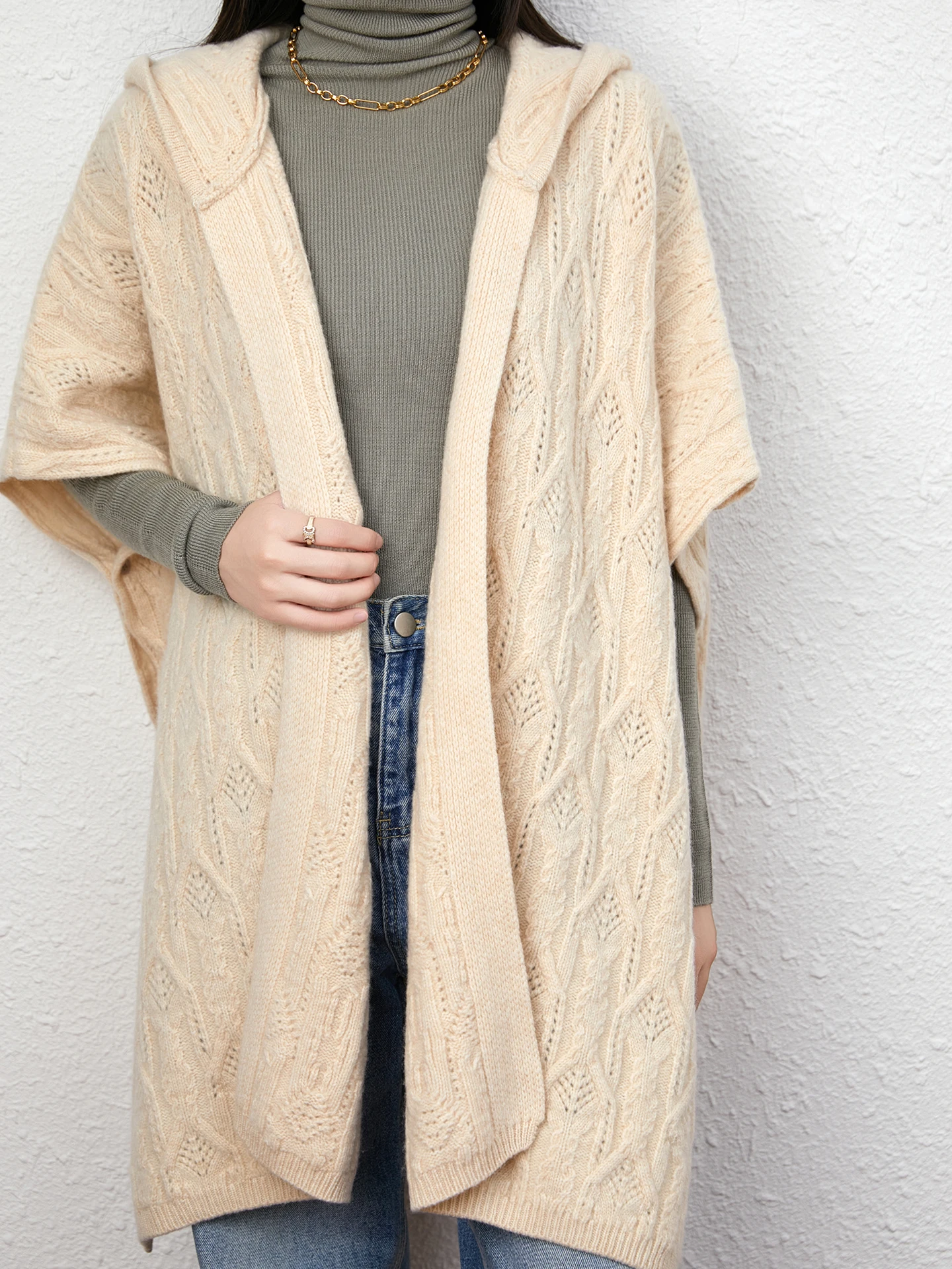 

Autumn Winter Women's Hooded Batwing Sleeve Thickened 100% Merino Wool Cable Knit Hollow Shawl Seasonal Essential Warm Cardigan