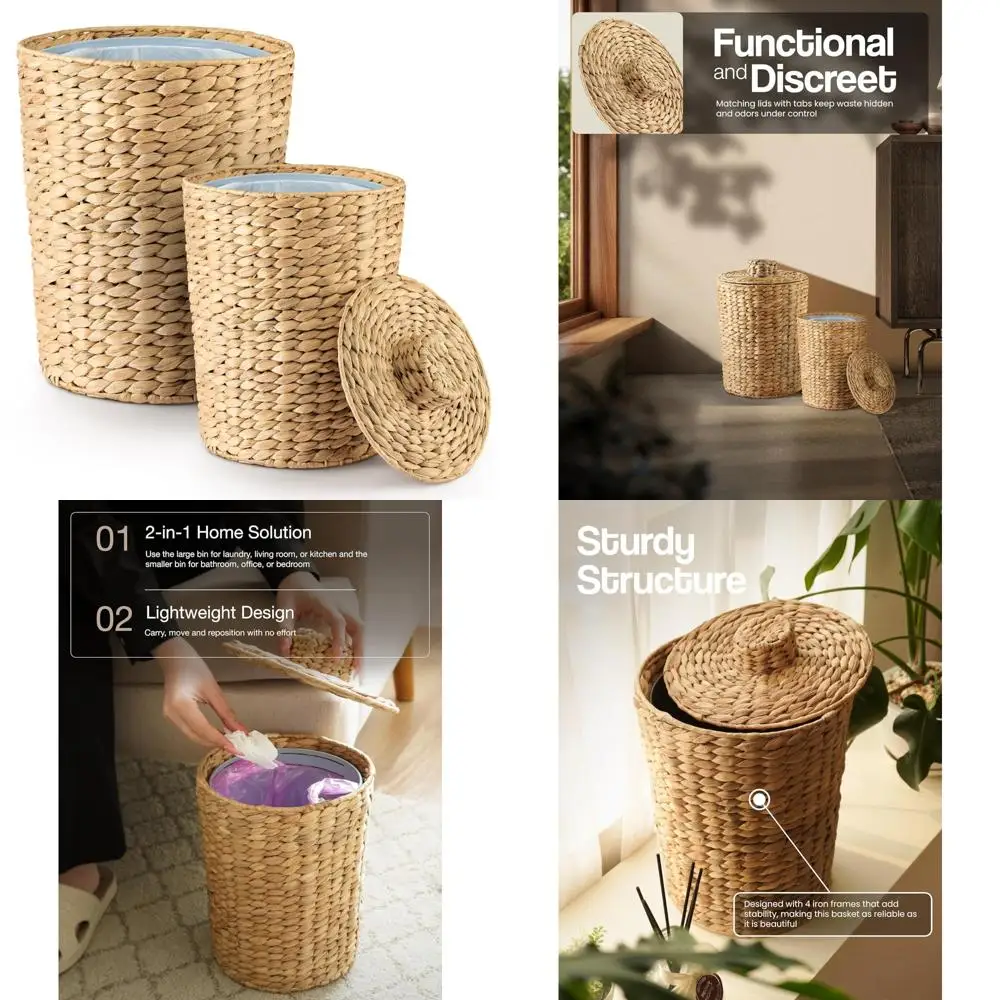 

2-Piece Wicker Trash Cans with Lids - Water Hyacinth Waste Baskets for Bathroom Use - 2 Gallon Capacity, Stylish Bathroom Garbag