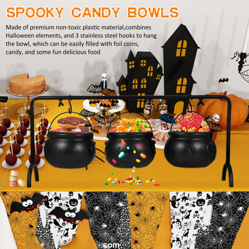 Halloween Candy Bowl Decorations, Set of 3 Black Plastic Cauldron Bowls with Iron Rack, Halloween Party Decorations Candy Bucket