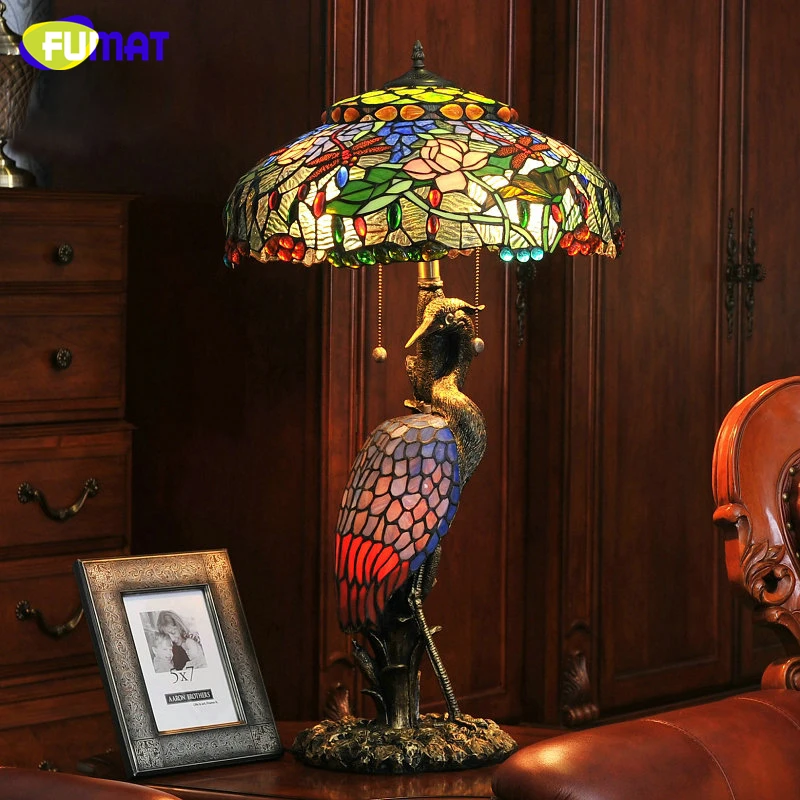 FUMAT European Dragonfly shade Table Lamp High Quality Tiffany Table Lights For Living Room Bedside Stained Glass Crane Lights