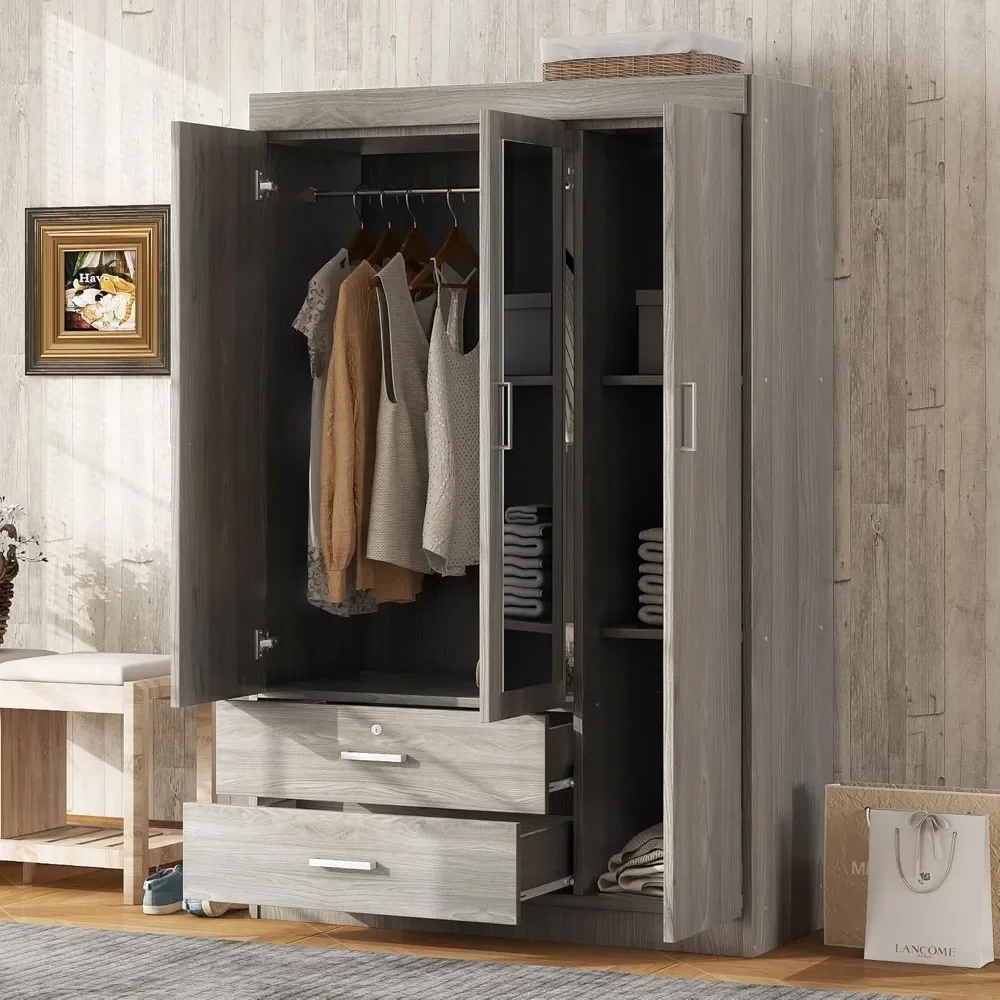 

3-Doors Wardrobe Armoire Closet with Mirror, Wooden Freestanding Clothes Organizer Storage Cabinet for Bedroom, Gray