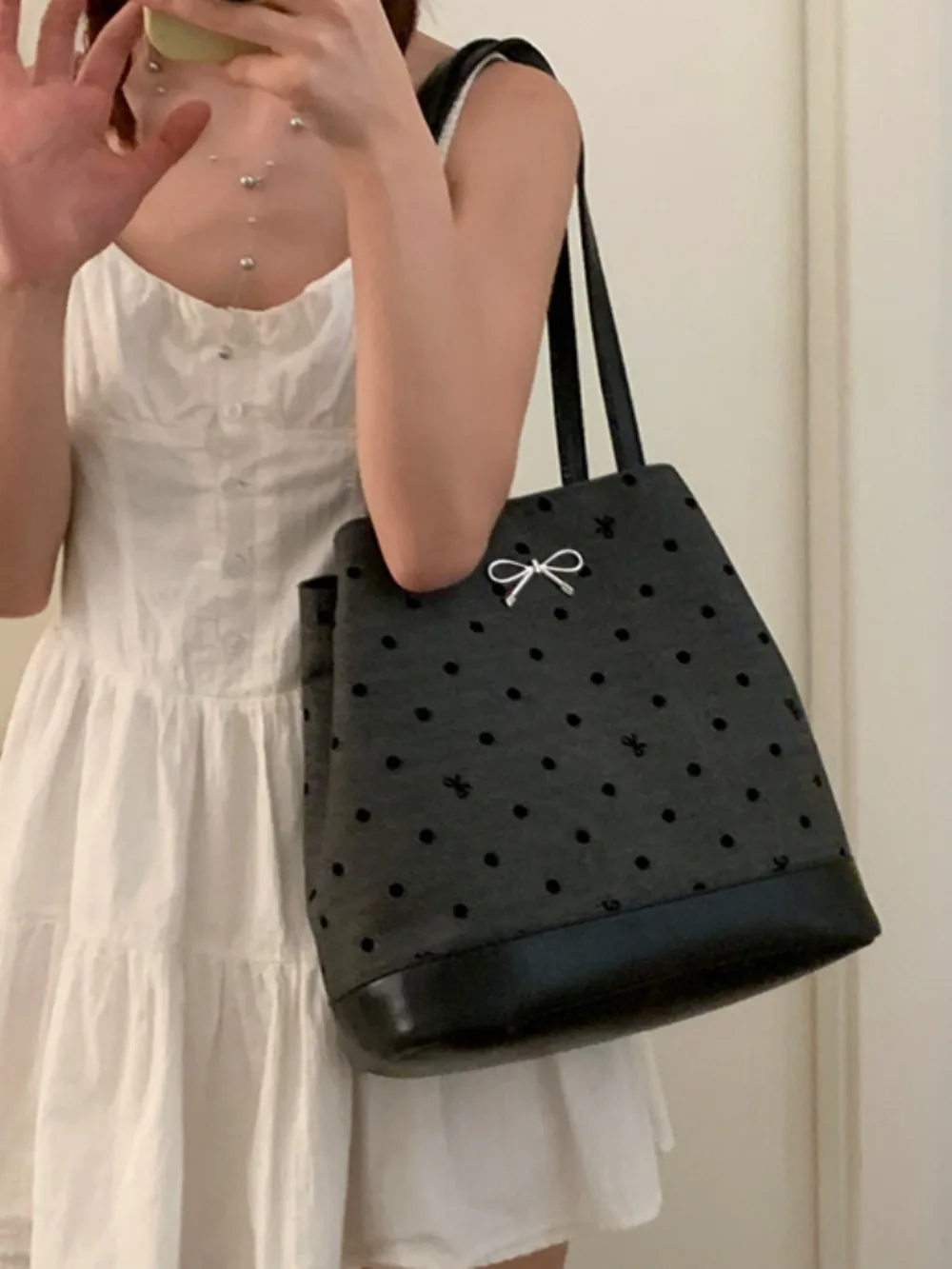 Large Capacity Bow Polka Dot Casual Women Totes Korea Two Backs Commuter Shoulder Bag New Elegant Preppy Style Student Backpacks