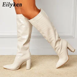 Eilyken New Fashion Square High Heels Knee-High Boots Women Pointed Toe Shoes Snake Pattern Slip-On Ladies Pumps