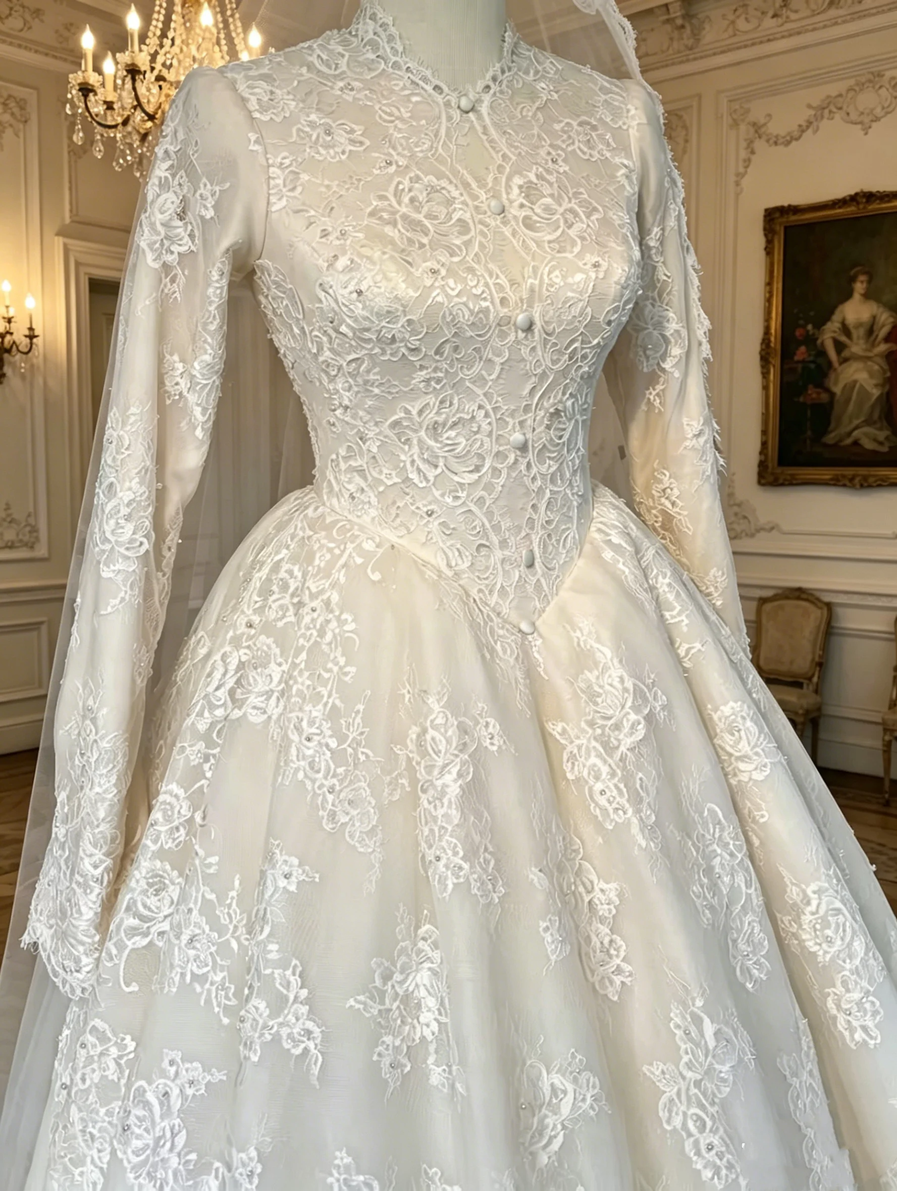 Vintage Long Sleeve Lace Wedding Dress, High Neck Button Ball Gown Bridal Gown Amanda Novias Official