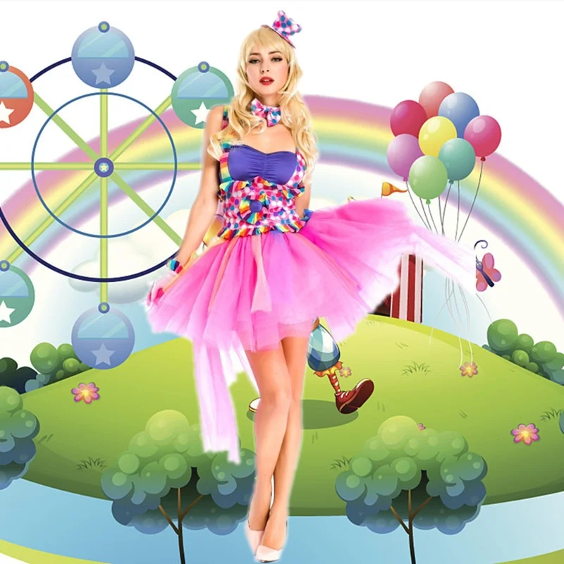 Costume da palcoscenico arcobaleno color caramello loween Costume da palcoscenico da clown Costume da palcoscenico etnico da donna per performance del circo