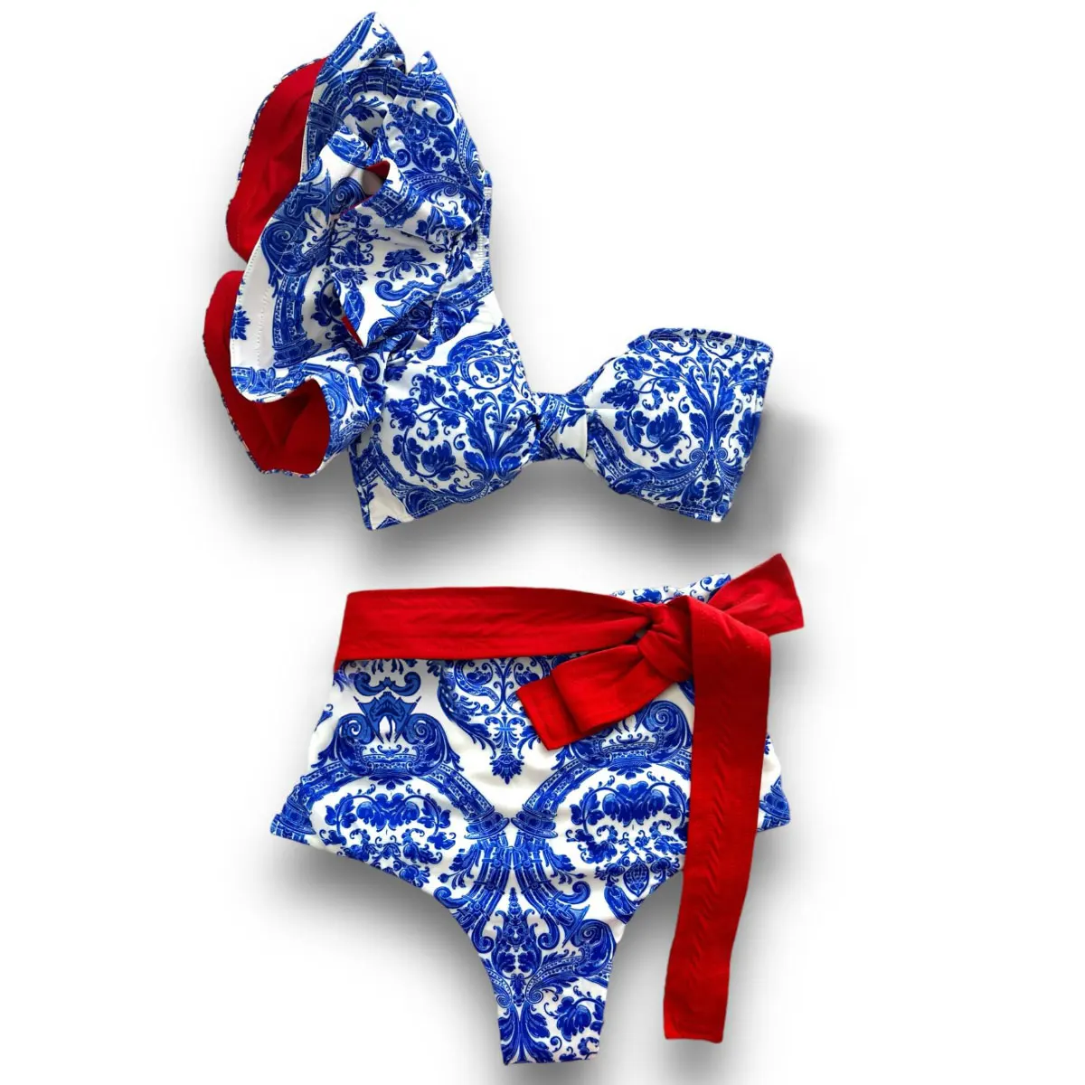 Printed Two Pieces Women Swimsuit With Cover Up Shoulder Ruffle Bikini Set  Sexy Strappy Swimwear Female Biquini Swim Suit Beach