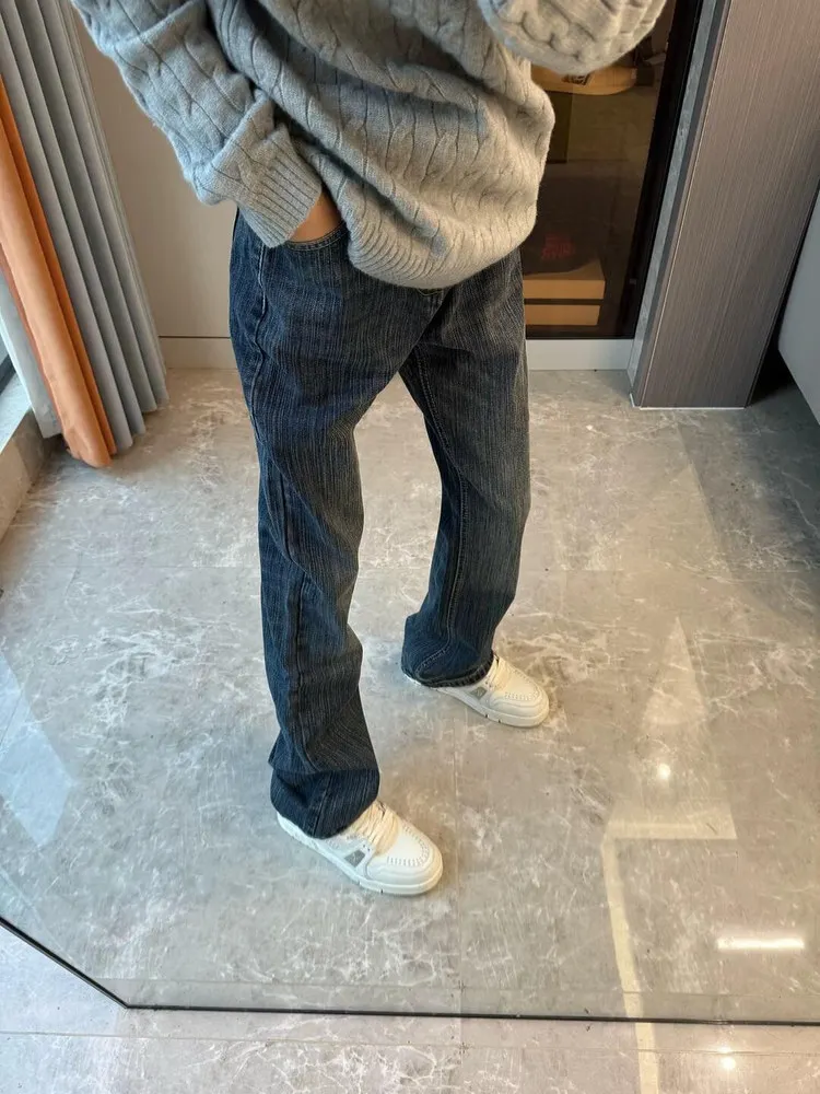 Cleanfit American Retro Bamboo Texture Washed Blue Jeans Men's Straight Leg Micro Flared Slim Fit Casual Long Pants