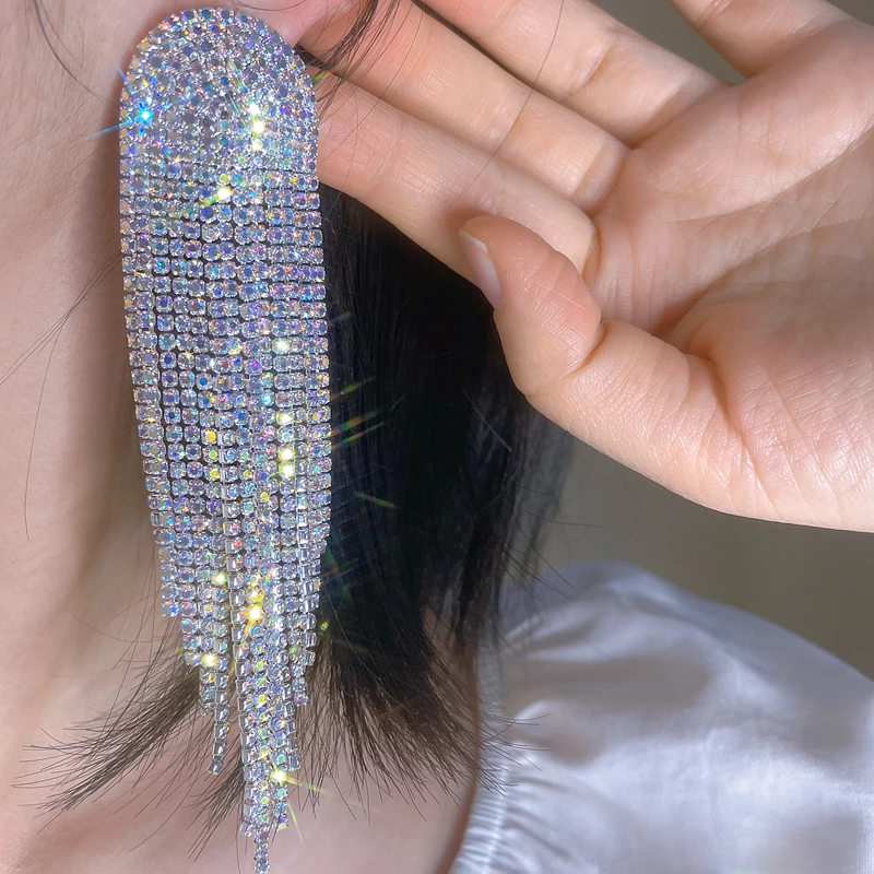 New Sparkling Full Rhinestone Oversize Tassel Earrings for Women Dinner Party Drop Dangle Crystal Earrings Wedding Jewelry Gifts
