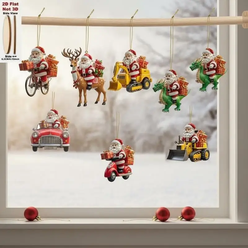 10Pcs Christmas Wooden Hanging Pendant 2D Flat Santa Scooter Bicycle Reindeer Ornament For Xmas Tree Decor Supplies