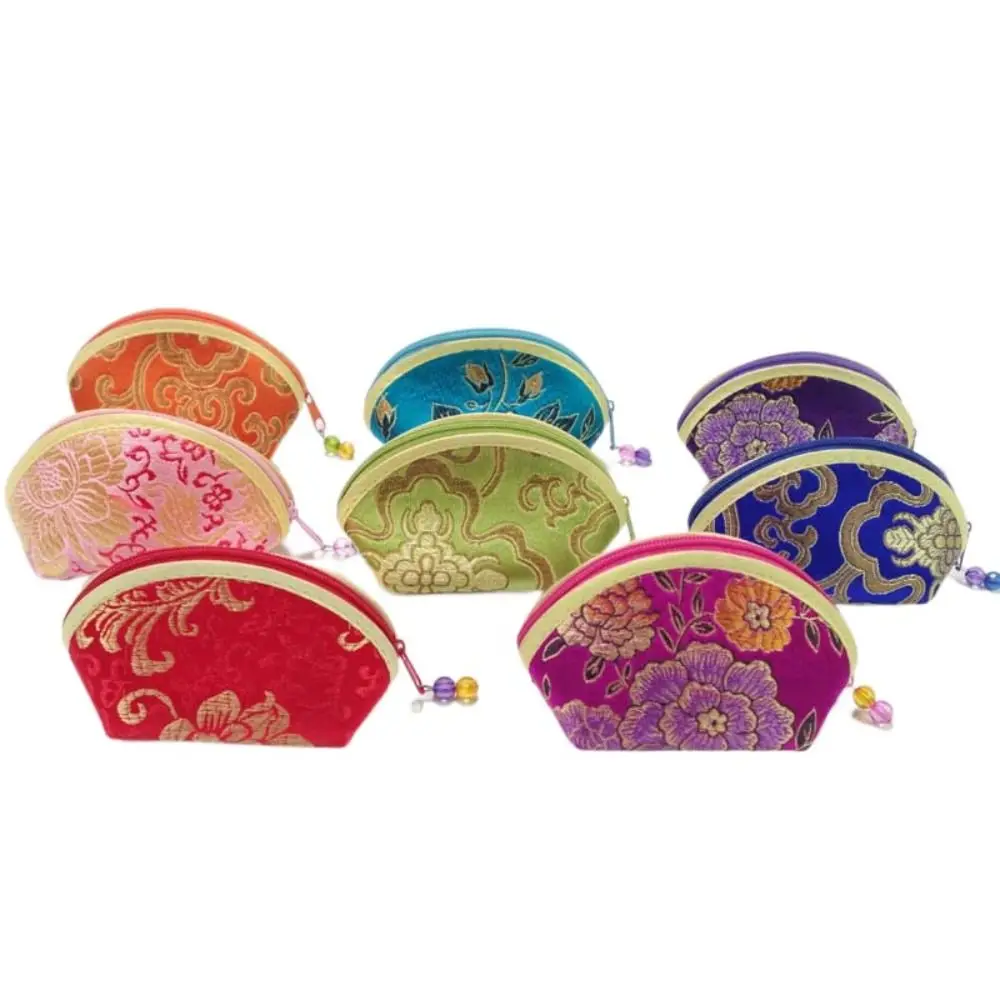 Chinese Style Multi Color Embroidery Auspicious Cloud Flower Cloth Wallet Gift Shell Coin Pouch Jewelry Storage Bag