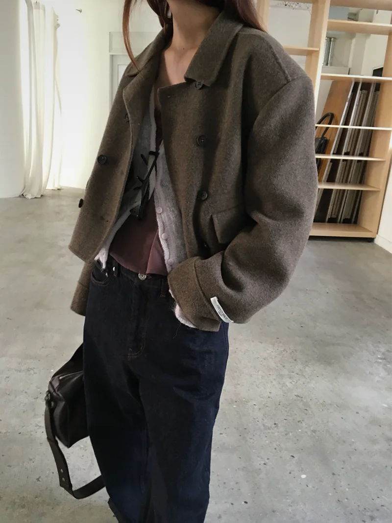 2 farben Retro Elegante Kerbe Kragen Zweireiher Farbe Woolen Mäntel frauen Winter 2026 Neue Strickjacke Tops Weibliche (YL1587