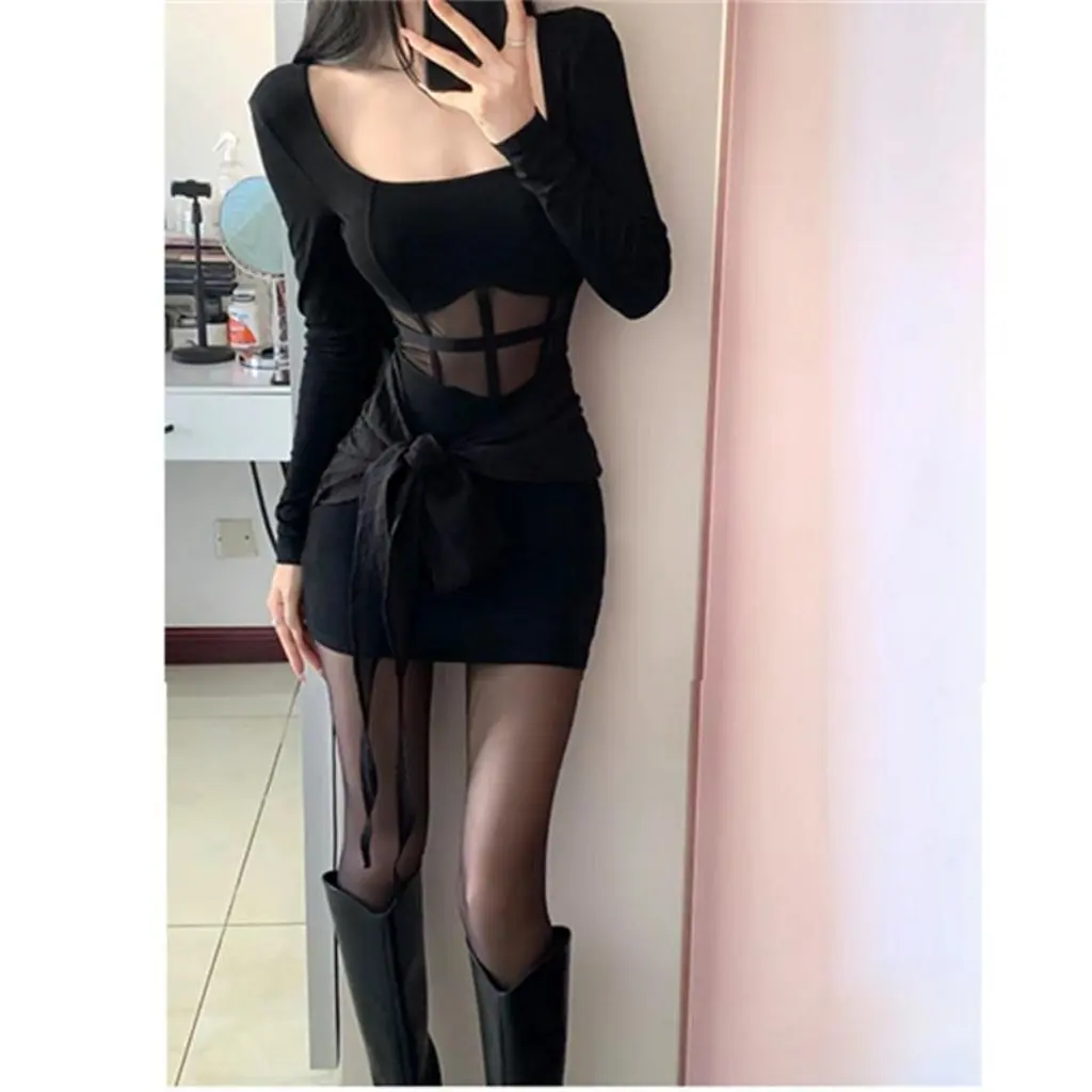 Robe à manches longues pour femmes, coupe cintrée, élégante, Style désir pur, Design français, jupe creuse aux hanches pour l'automne et l'hiver