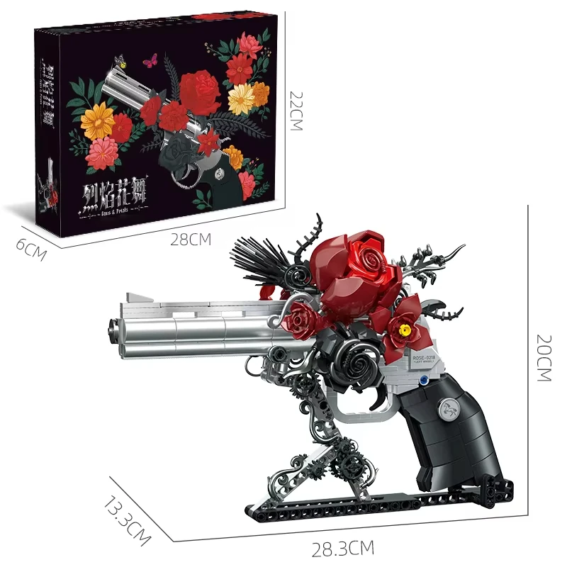 New Technical Mechnical Rose Revolver Pistol Gun Building Blocks Military Red Flower Hand Gun Assemble Desktop Ornament Toy Gift