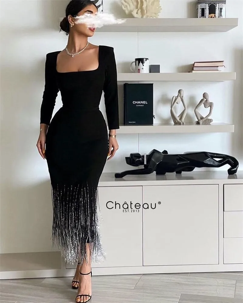 

Fashionvane Black Mermaid Prom Dresses for Saudi Arabia Women Square Neck Evening Dress with Tassels Long Sleeves Formal Party