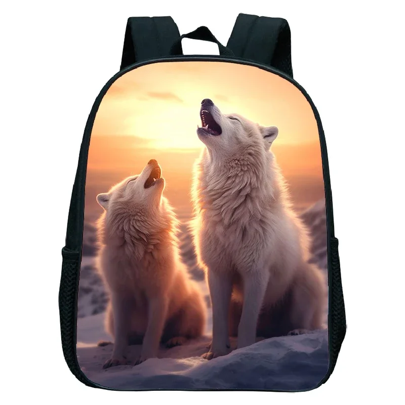 

12 Inch White Wolf Print Backpack Girls Boys School Bags Howling Wolf At Moon Kindergarten Bookbag Waterproof Kids Bag Mochila