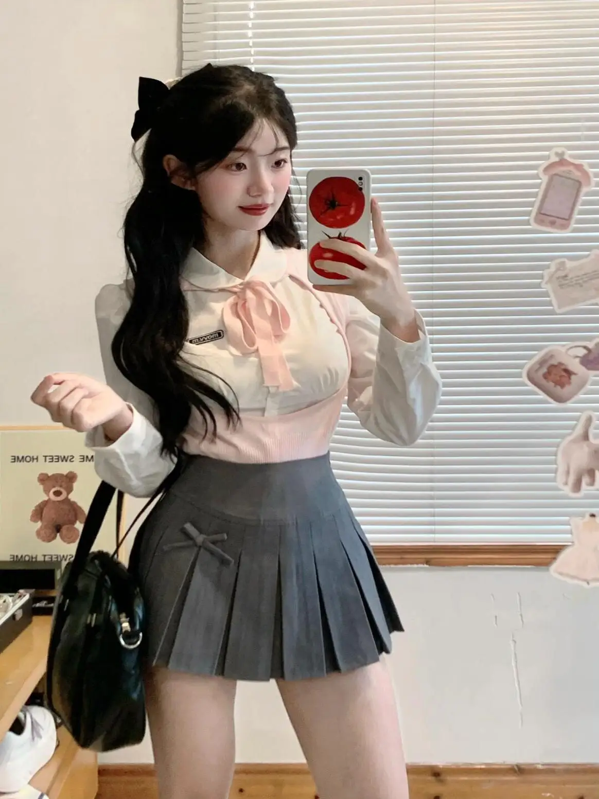 طقم تنورة وتنورة طويلة محبوكة باللون الوردي الباستيل من Cisas Theme School orm Sle طقم أنيق للسيدات من البوليستر F...