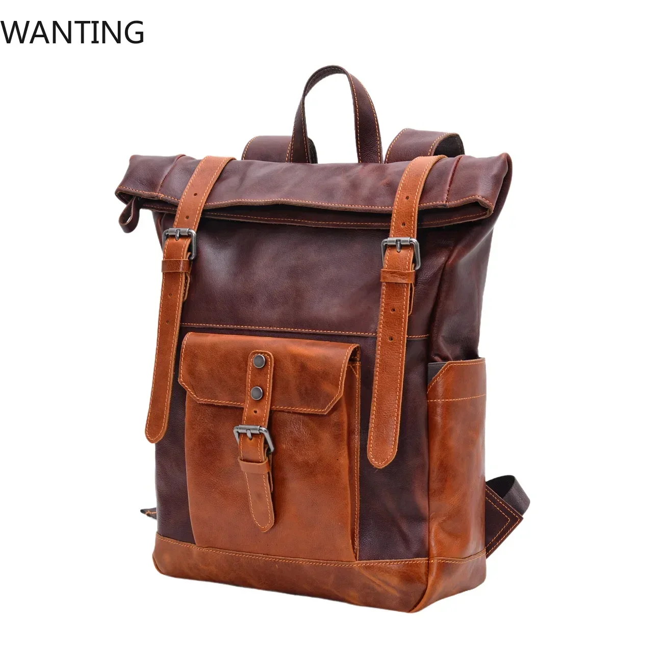 خمر صراع اللون الخضار المدبوغة حقيبة جلدية للرجال حقيبة كمبيوتر سعة كبيرة في الهواء الطلق المرأة حقيبة ظهر للسفر #5