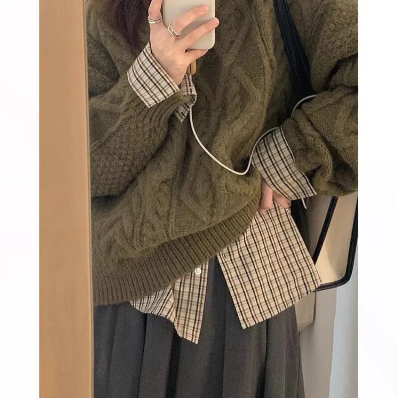 Lockerer Strickpullover für Damen, Rundhalsausschnitt, lange Ärmel, weiche Twist-Strickwaren, Retro-Mädchen-Top, Pullover, Adrette, Herbst und Winter