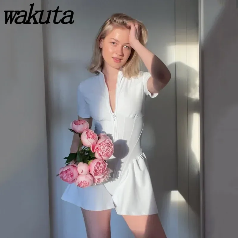 

WAKUTA Classic 2024 Summer New Sexy Tight Skirt Jumpsuit Autumn New Women's Round Neck Short Sleeve Zipper Bottom Playsuits