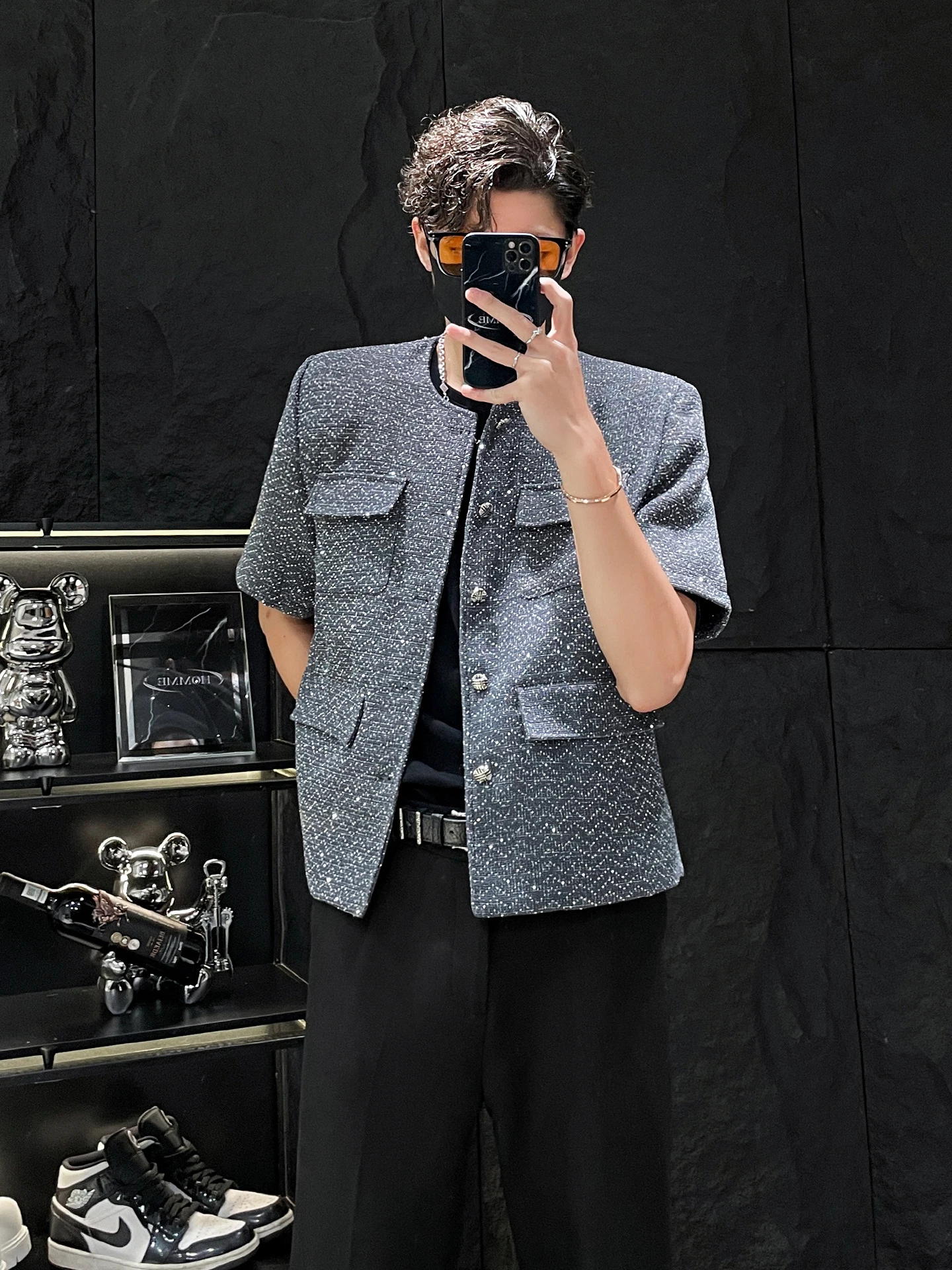 

s' ort Sve Jaet for Men Faionable Padded oulder Diamond Studded Summer Outerwear round Ne Single Button