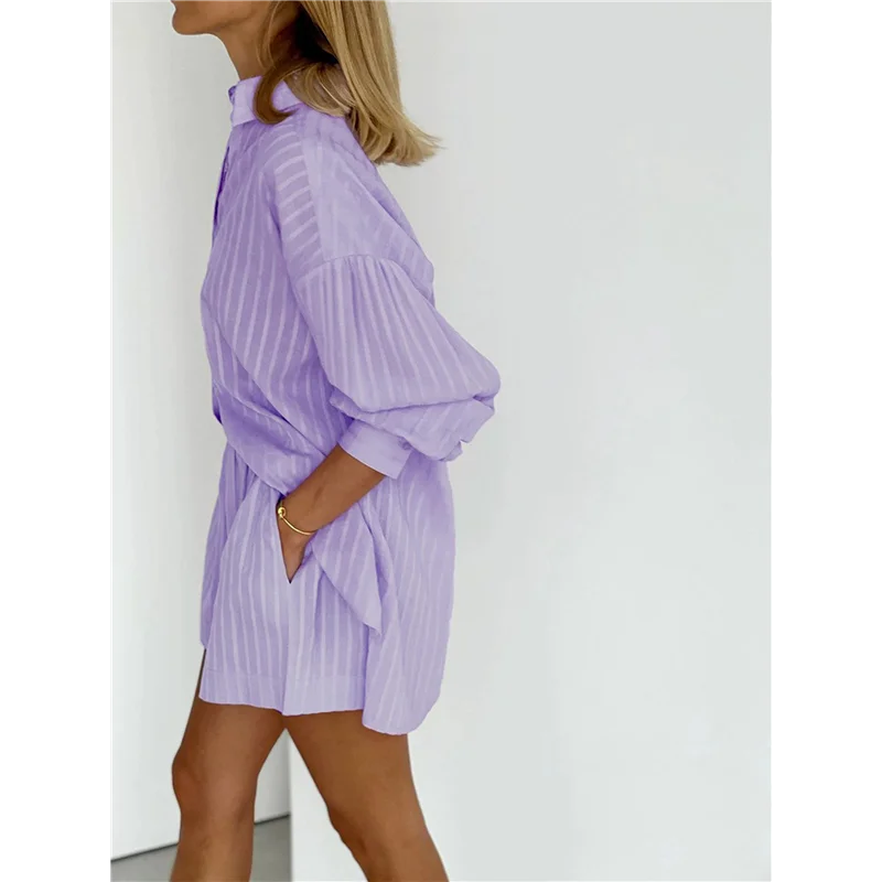 Hot Kf-Women's Summer 2 Piece Sets Striped Puff Sleeve Button Down Shirts Tops Matching Shorts Sets Casual Outfits