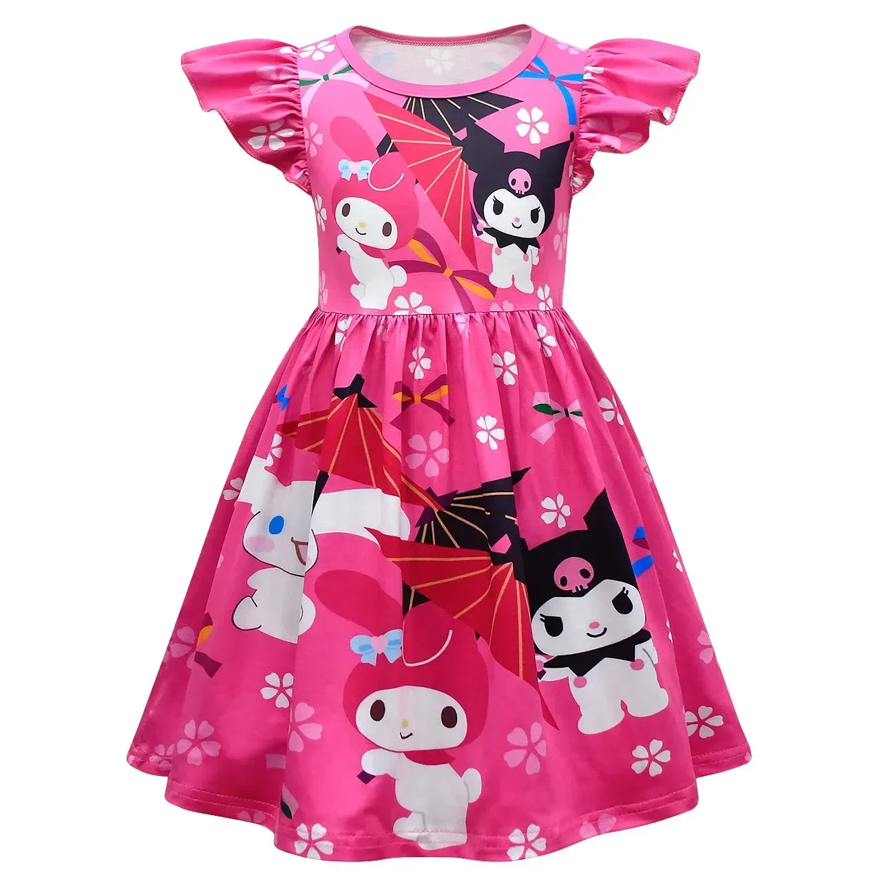 Sanrio Summer hello kitty children Cartoon Dress Kuromi Short Sleeve Dress Girls Flying Sleeve A-Line Skirt