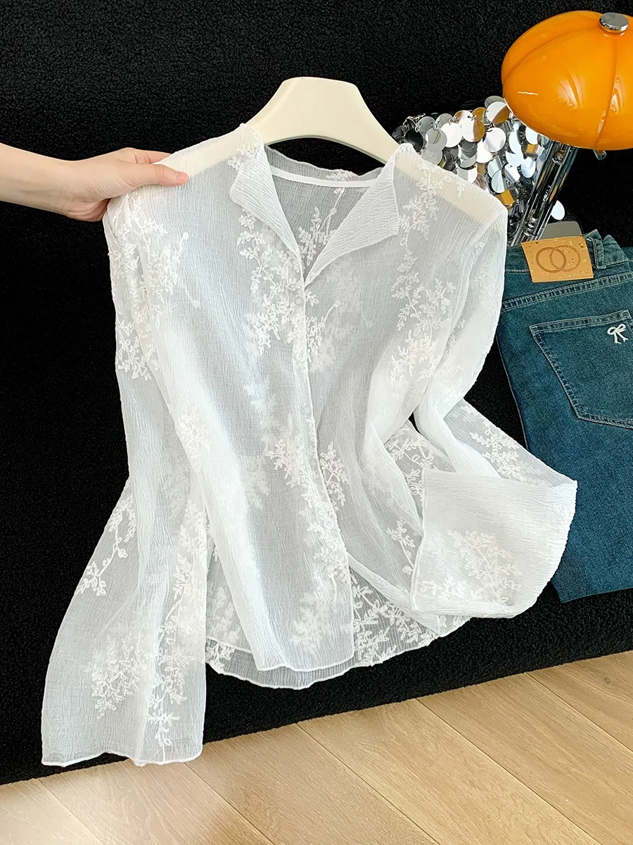 

Silk Long Sleeve Embroidered Lace Floral Print Shirt Women's Summer Pure Desire Minimalist Sun Protection Open Cardigan Top