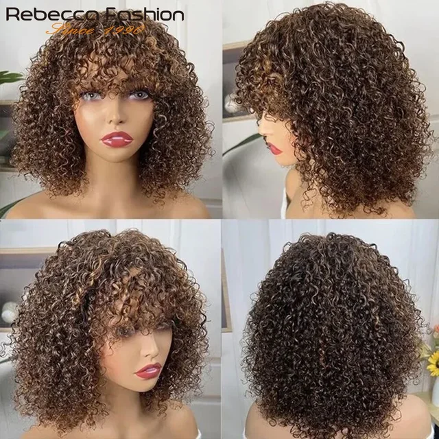 Debut Short Pixie Bob Cut Human Hair Wigs With Bangs Jerry Curly Full Machine Wig Highlight Honey Blonde Colored Wigs For Women 5