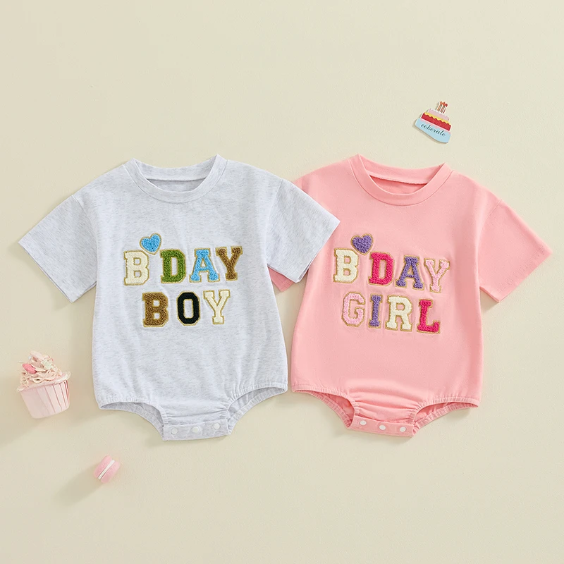 

Suefunskry Infant Baby Girls Boys First Birthday Romper, Short Sleeve Crew Neck Embroidery Letters Summer Bodysuit for Toddler