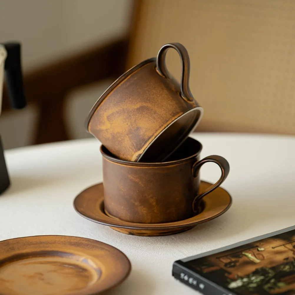Japanese Retro Coffee Cup and Plate Set Large Capacity 250ml Ceramic Cappuccino Cup Milk Cup Kiln Made Coarse Pottery Mug - view 4