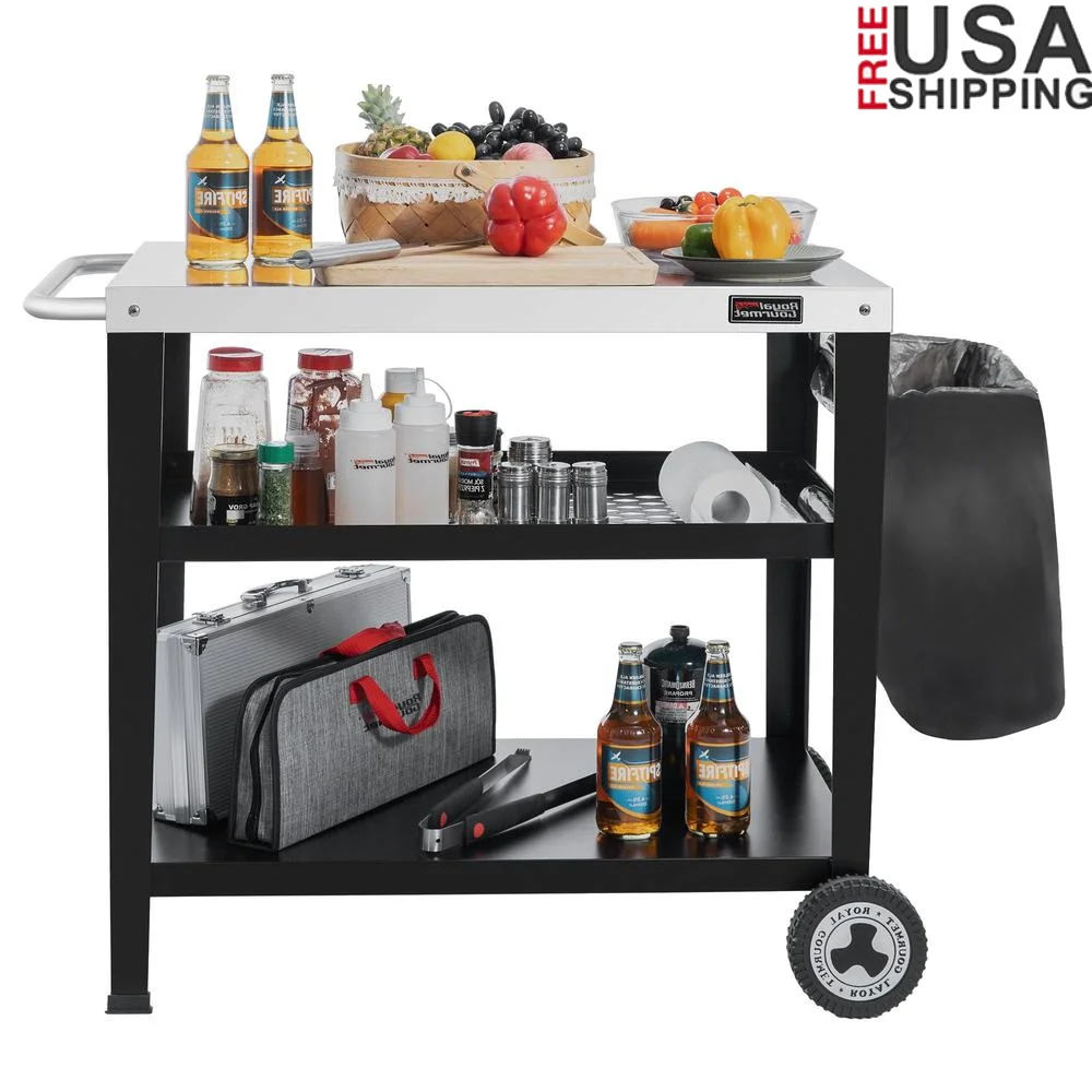 

Movable 3-Shelf Grill Table with Removable Trash Bag Holder Portable BBQ Cooking Station Stainless Steel Outdoor Kitchen Utility
