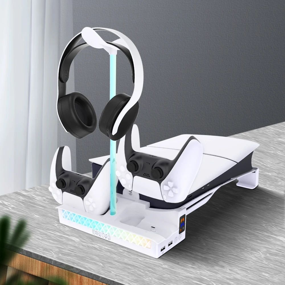Base con Cargador Dual para Controles y Soporte para Auriculares para Consola Slim de PlayStation 5, Ediciones con Disco y Digital