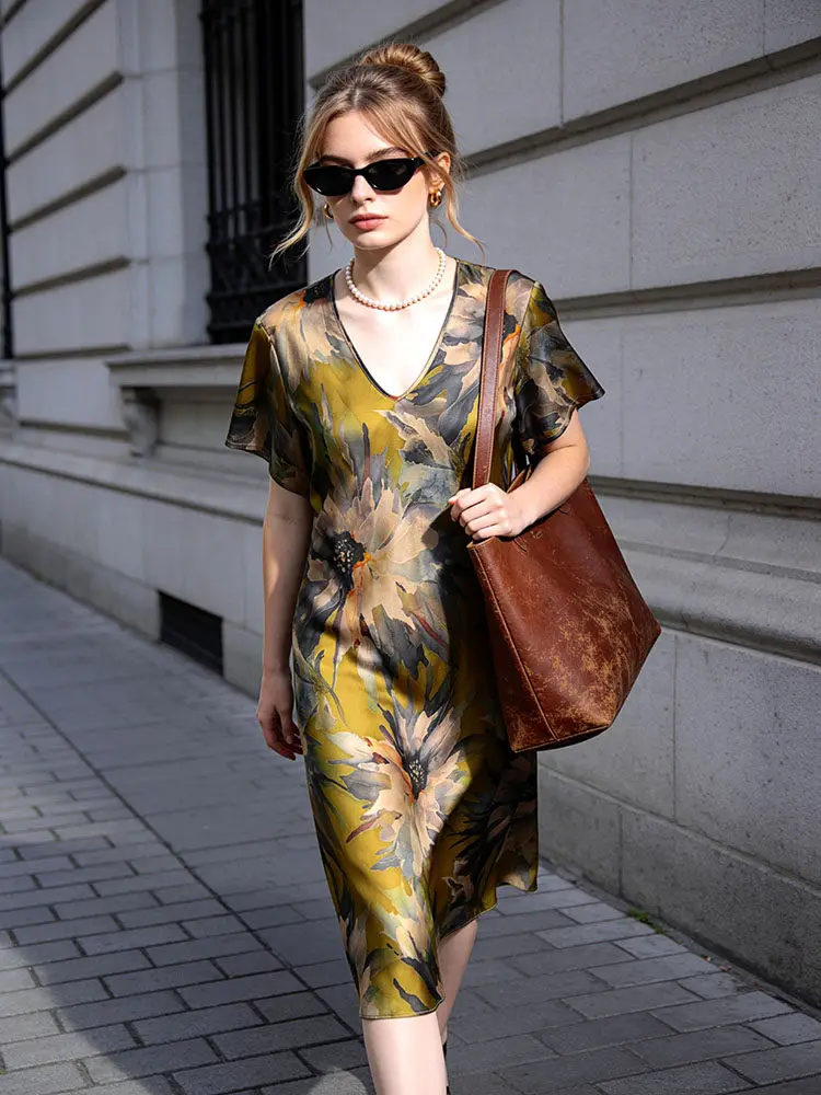 Heavyweight 100% Mulberry Silk Short Sleeve Long Dress Women's Bias Cut Slim Nightgown Luxury Pajamas Sexy Lingerie Outerwear PJ