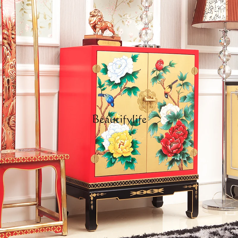 

New Chinese classical painted gold foil peony porch cabinet foyer aisle cabinet