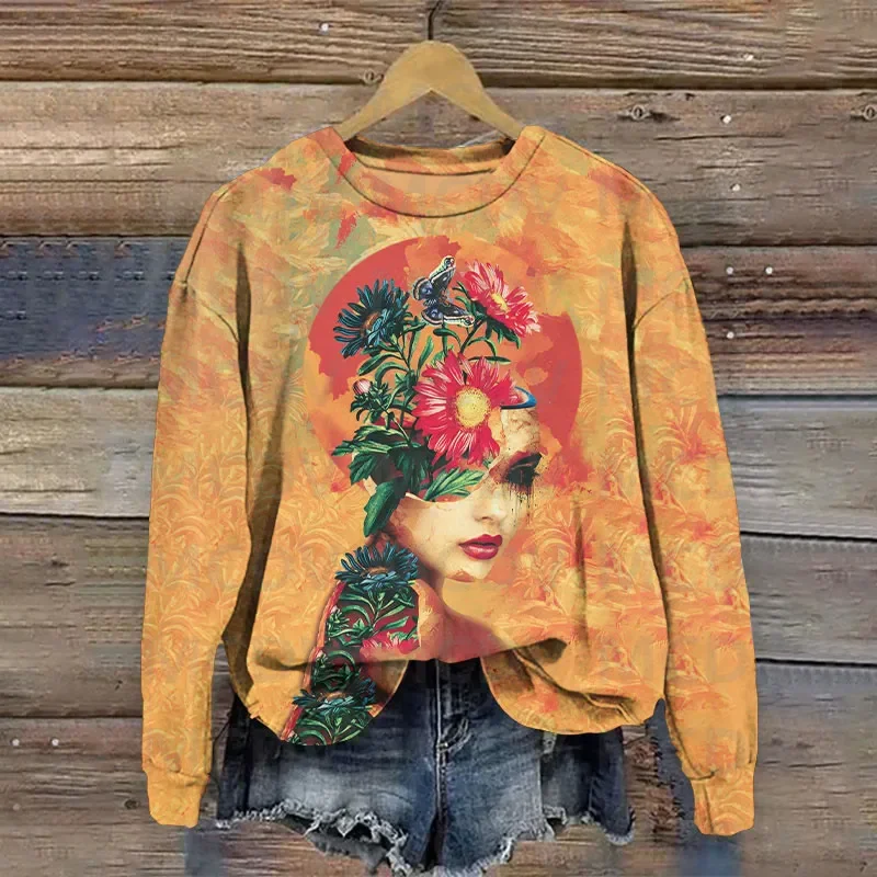 

Color Block Rose Face Art Print Casual Sweatshirt 3D Printed Women Casual Pullover