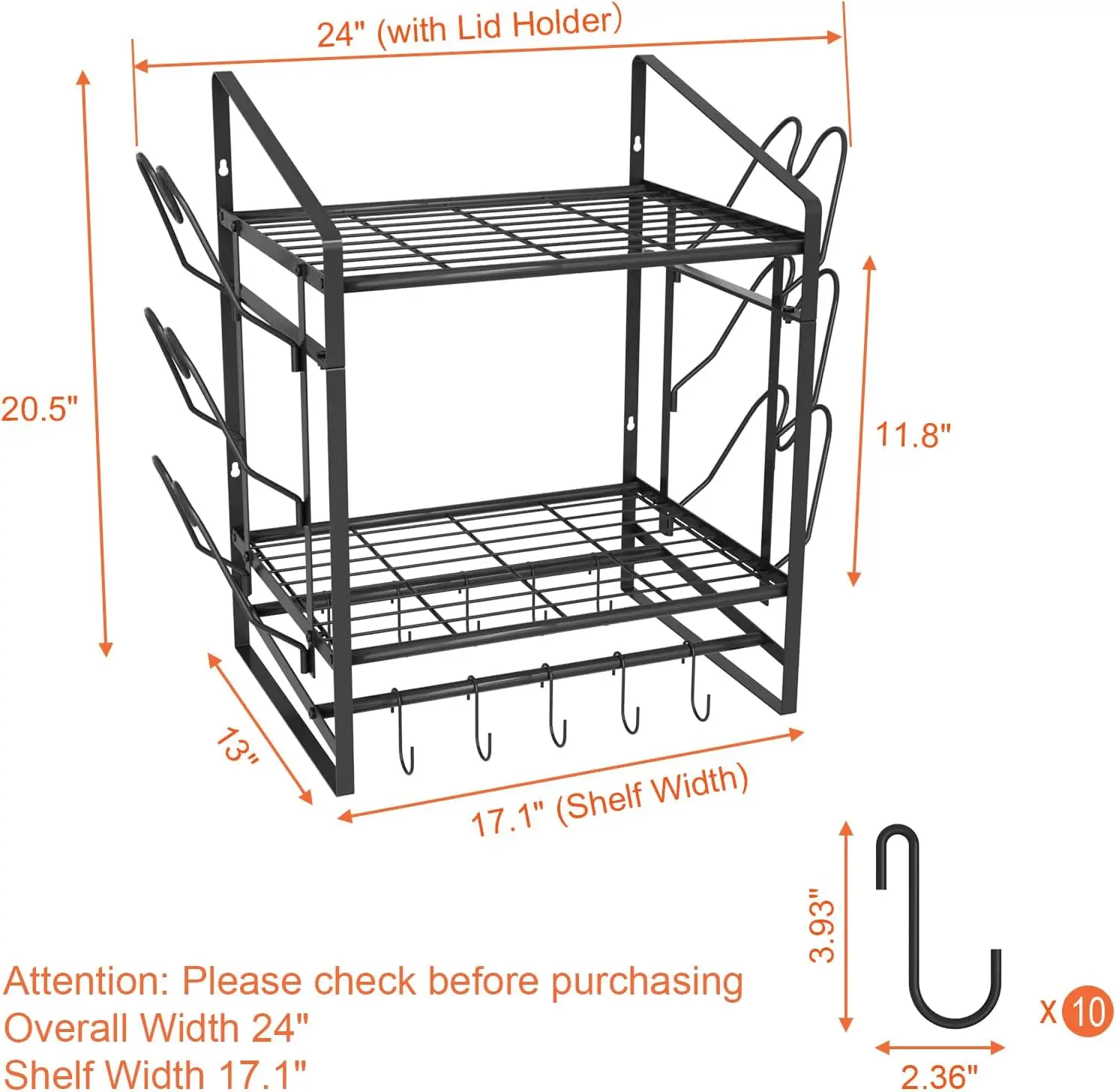رف أوعية مثبت على الحائط مقاس 17 بوصة، منظم للأواني والمقالي بطبقتين مع 10 خطافات و6 حاملات لأغطية الوعاء، وعاء فولاذي عالي التحمل ومقلاة #2