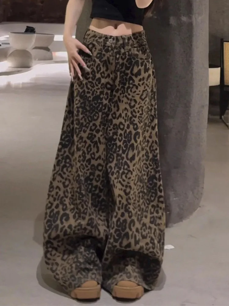 

Уличная одежда, леопардовые джинсы Y2K, женские свободные джинсовые брюки с высокой талией в американском стиле ретро, повседневные брюки в стиле хип-хоп, весенние готические брюки, новинка