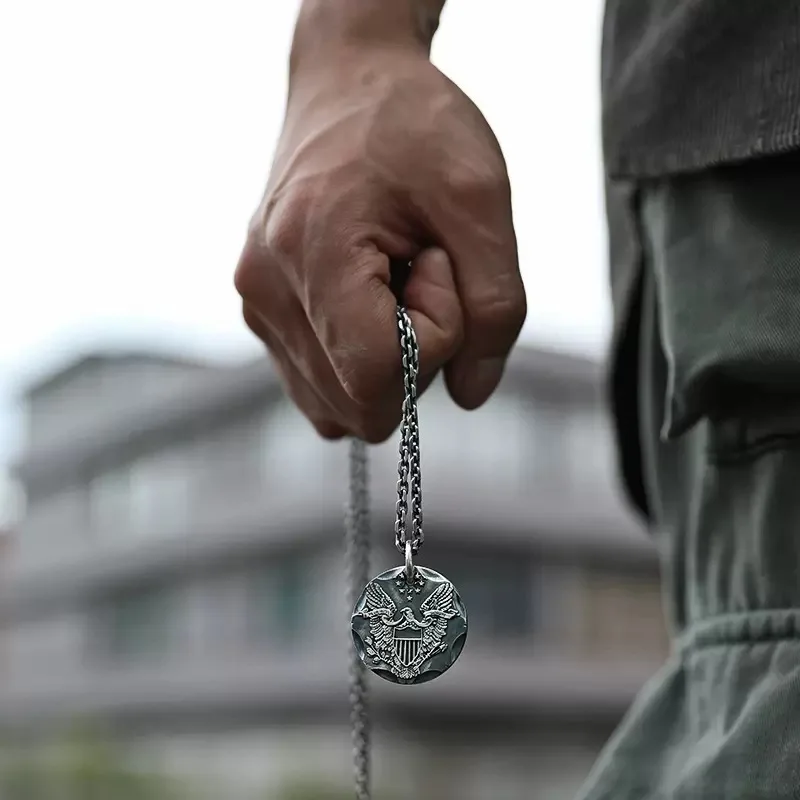 Copper plated Gold Pure Silver Flying Eagle Necklace Men's Personality Retro Thai  Unisex Round  Handmade Pendant  Jewelry Trend