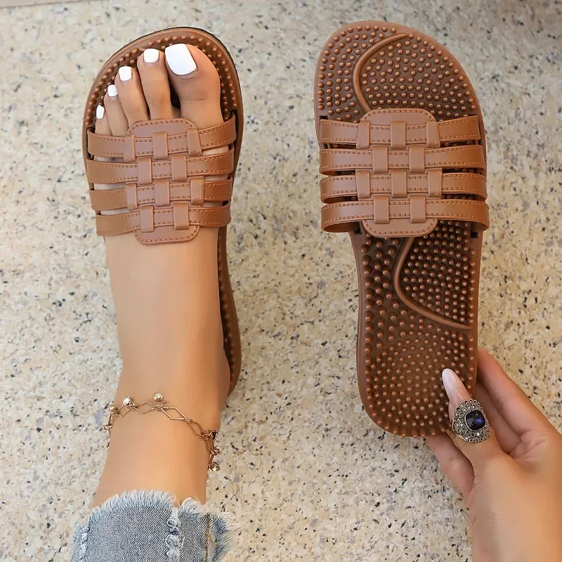 Plus-size new flat single-strap flip-flops, massage type, outdoor casual daily wear comfortable women's flat slippers
