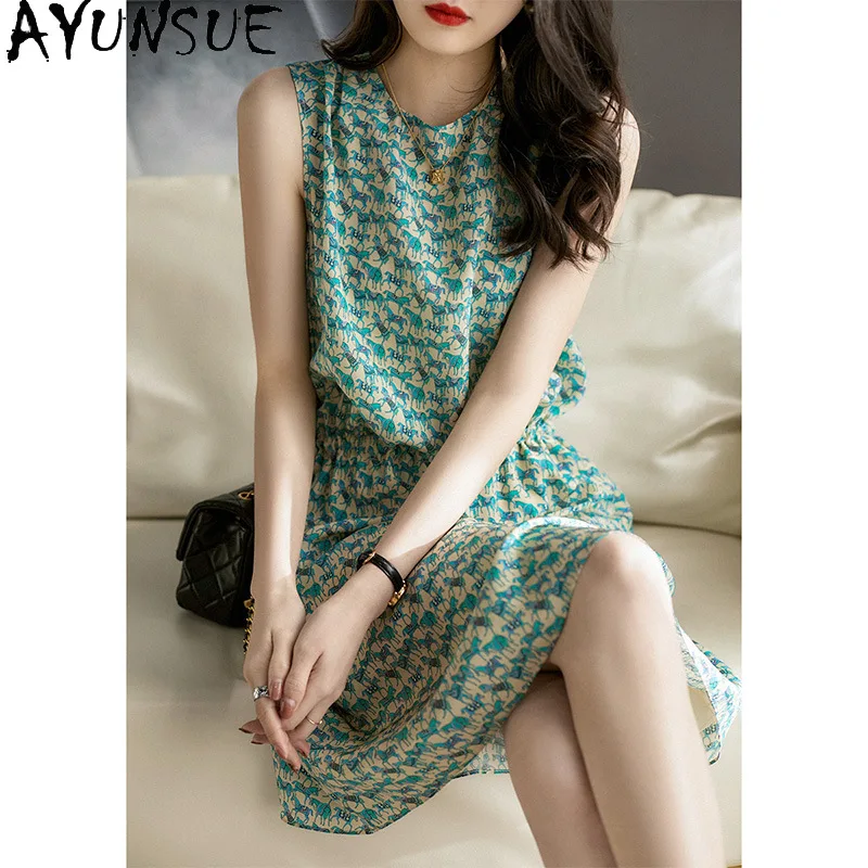 

AYUNSUE Heavyweight Silk Dresses for Woman Sleeveless Printed Dress O-neck Summer Dresses Casual Stylish Woman Clothes Vestidos