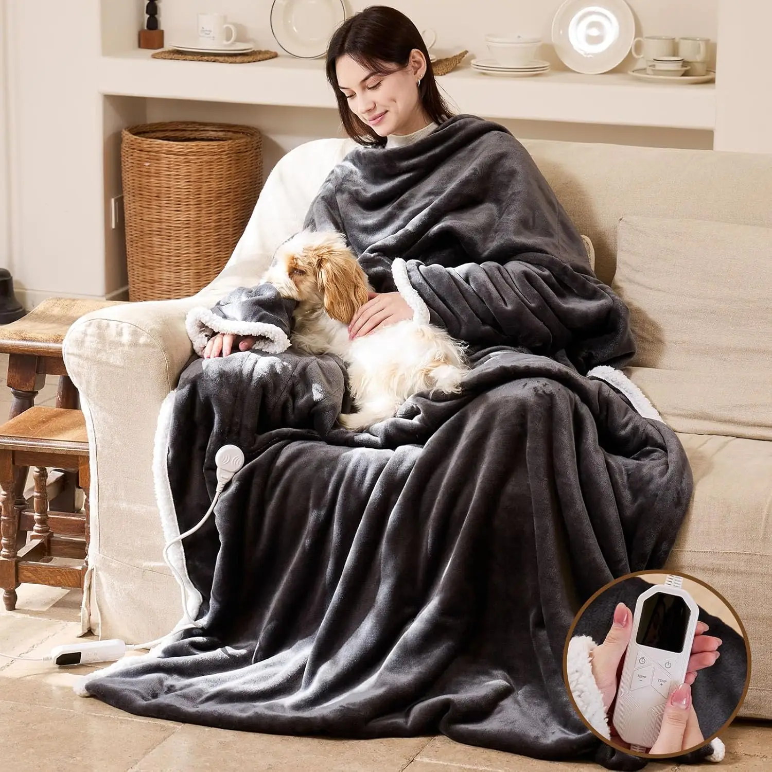

Wearable Heated Blanket with Sleeves and Foot Pocket, 8 Heat Levels, 1-12 Hour Timer, 70x50 Inch for Cozy Comfort