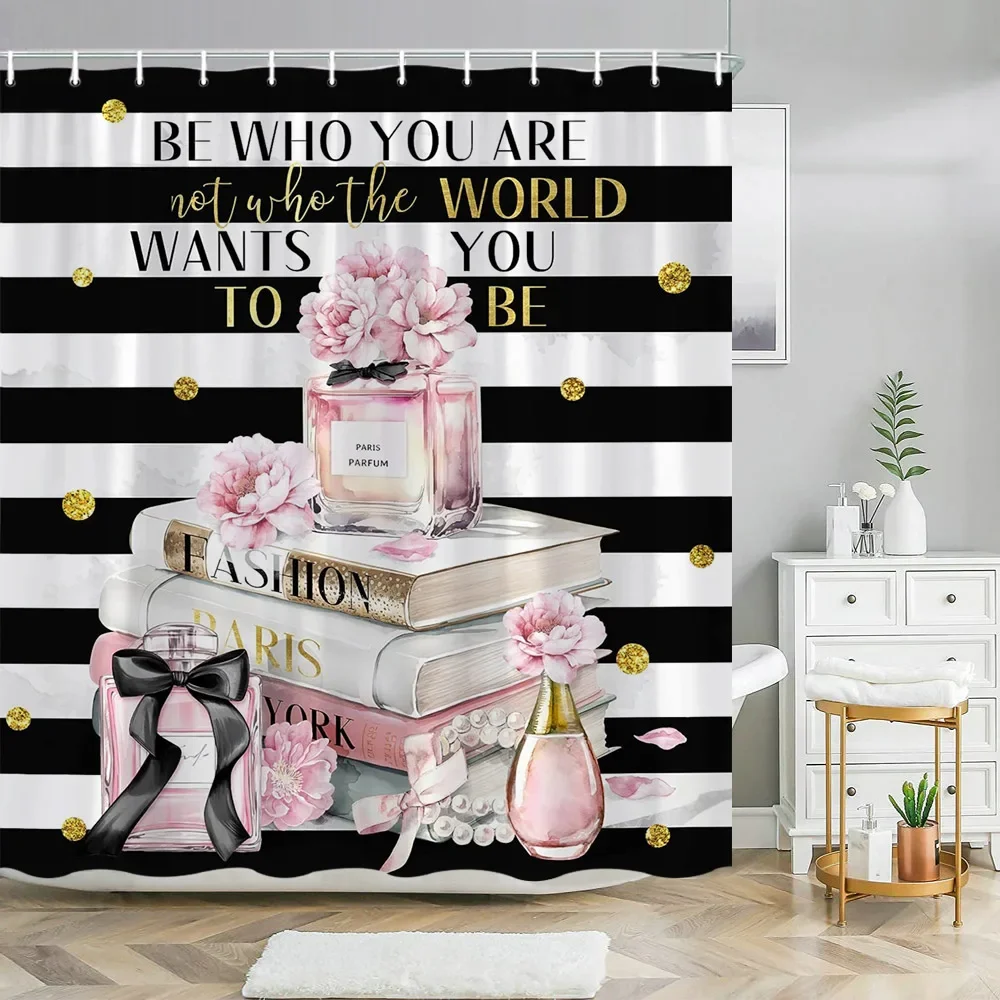 High Fashion Shower Curtains Perfume Bottle Flower Butterfly Pink and Black Luxury Fabric Bath Curtain With Hooks Bathroom Decor