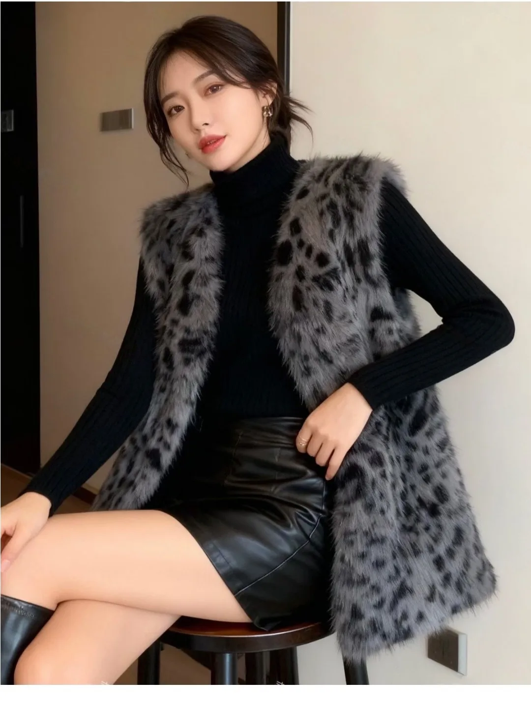 Faionable Winter High-End Leopardenmuster Pelzweste Oberbekleidung Damen Jaet Oberbekleidung Elite Sense Svel Top irt