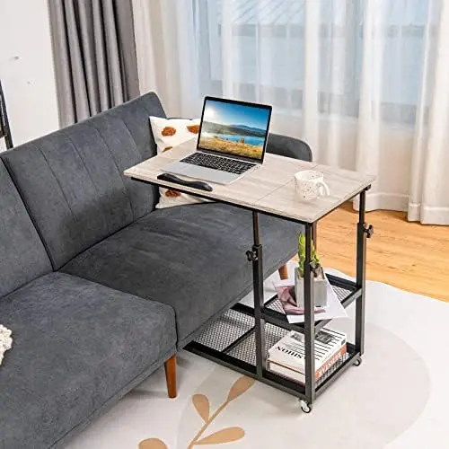 

Height Adjustable C Shaped End Table with Lockable Wheels, Mobile Couch Desk Table with Tiltable Table Top, Sofa Bedside Laptop