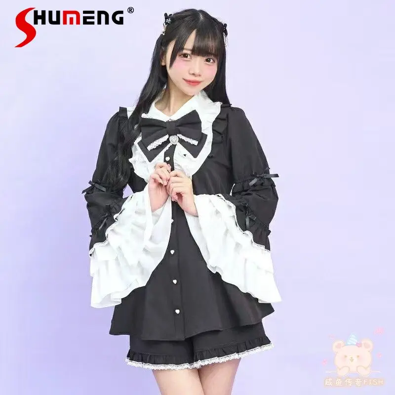 

Japanese Style Mass-Produced Lolita Dress Set Bow Lace Patchwork Flare Sleeve Elastic High Waist Shorts Two-Piece Set for Women