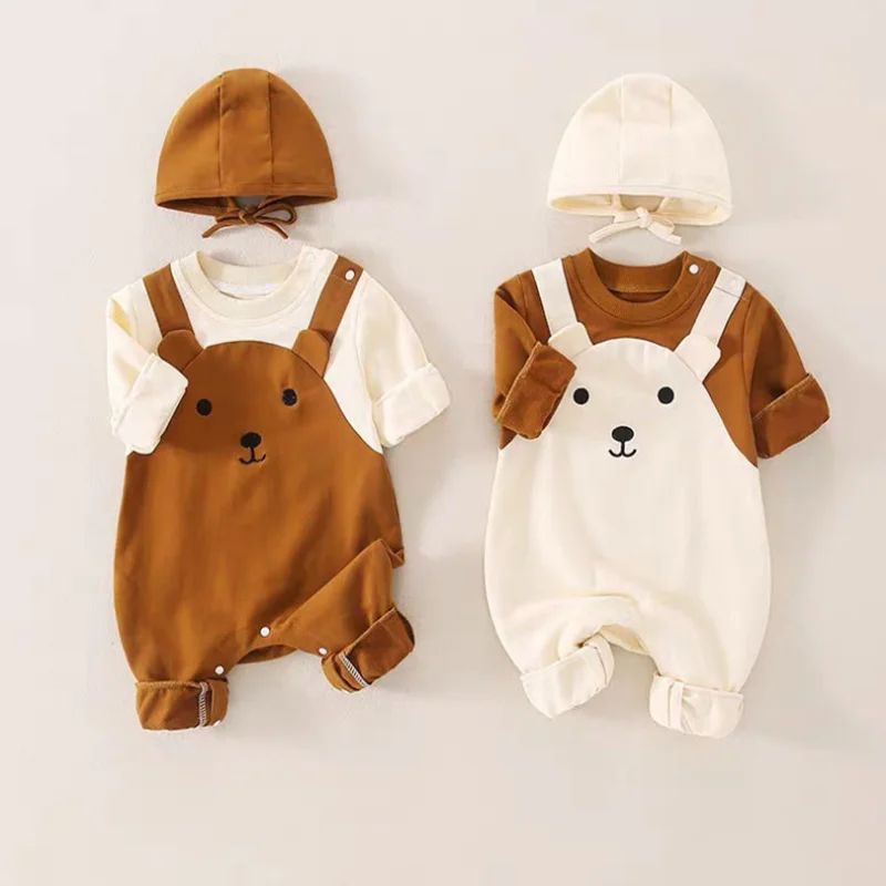 3-24M Slips for Newborns Cartoon Clothes Baby Girl Boy Romper Infant Cute Bears Cotton Soft Infant Jumpsuit with Knit Cap